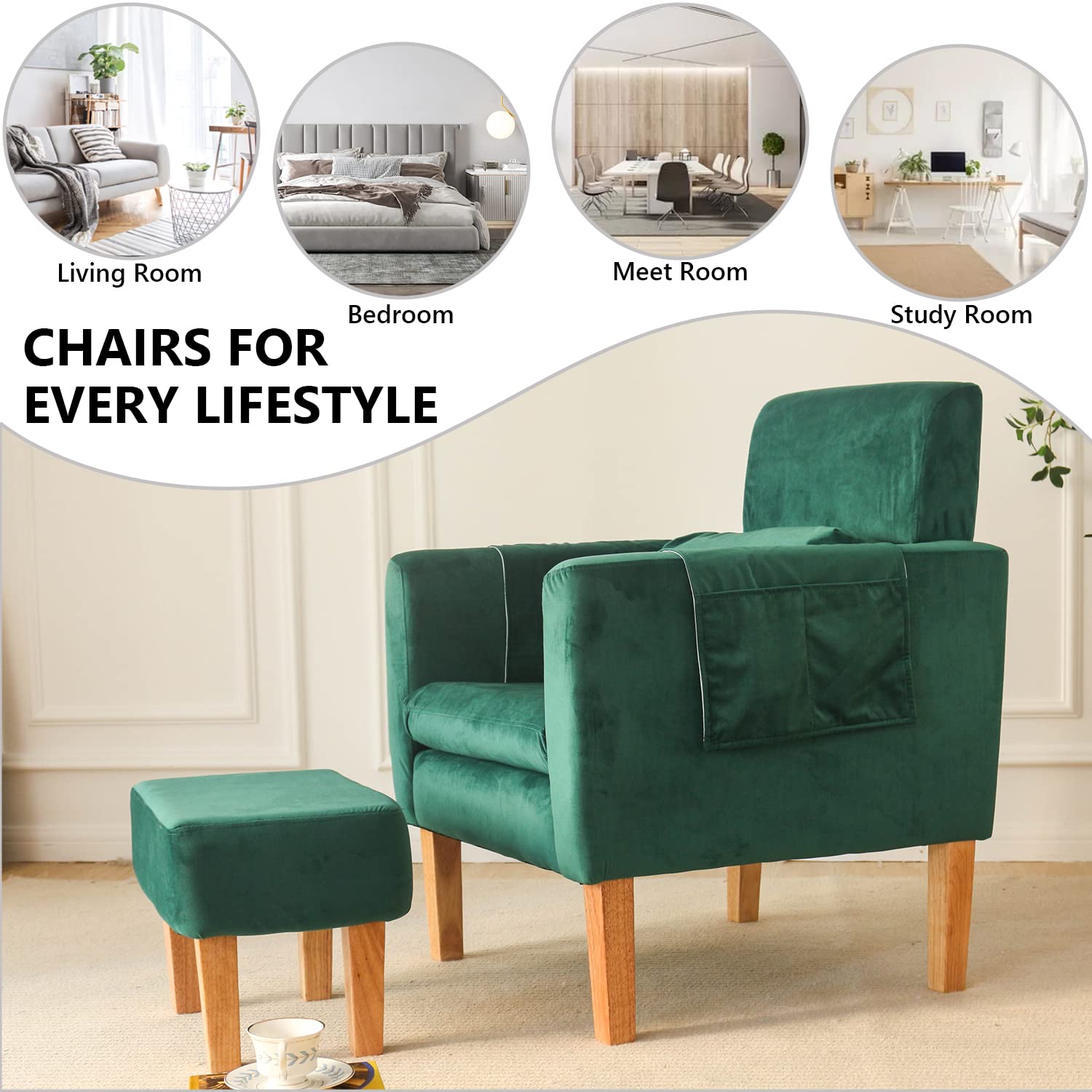 TAKUKA Modern Accent Velvet green Chair Upholstered Armchair with Ottoman Fabric Armchair and Footrest Set Comfy Reading Single Sofa for Living Room Bedroom (Velvet green)