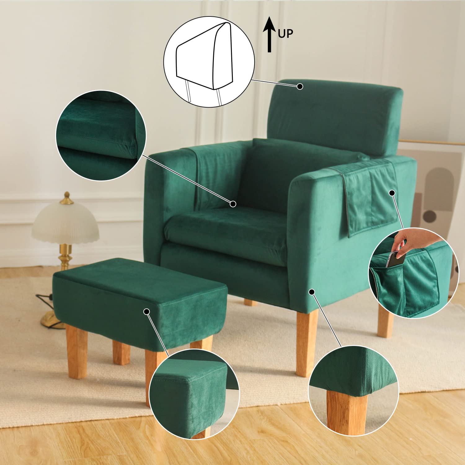 TAKUKA Modern Accent Velvet green Chair Upholstered Armchair with Ottoman Fabric Armchair and Footrest Set Comfy Reading Single Sofa for Living Room Bedroom (Velvet green)