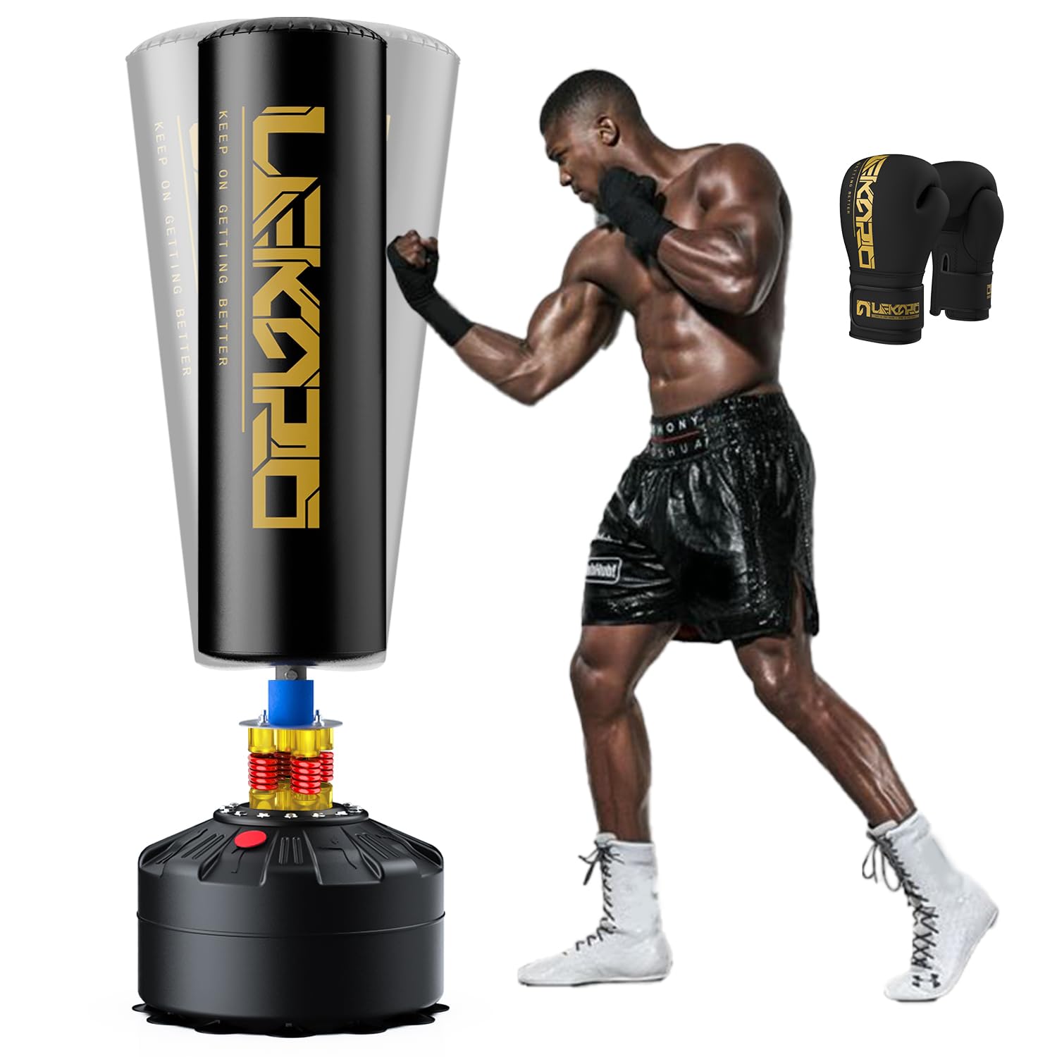 LEKÄRO Punching Bag 70" with Boxing Gloves, Heavy Boxing Bag with Stand for Adult Teens, Kickboxing Bag for MMA Muay Thai Fitness (Black gold)