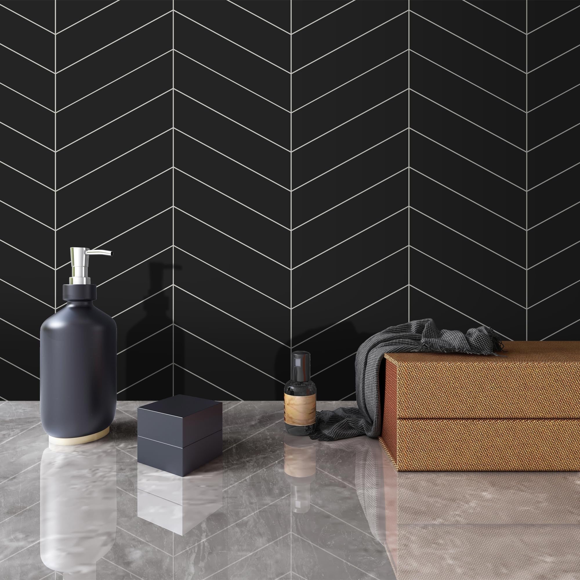 SUNWINGS Chevron Backsplash Tile for Kitchen Peel and Stick, Arrow Stone Composite Self Adhesive Tiles Mosaic Wall Tile for Kitchen 10 Sheets Black