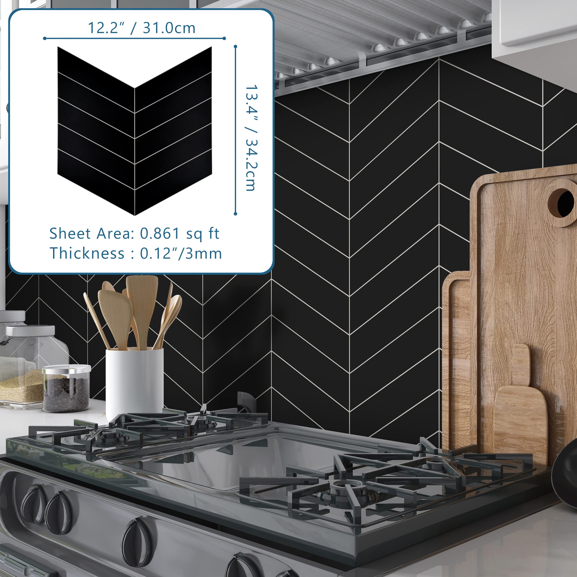 SUNWINGS Chevron Backsplash Tile for Kitchen Peel and Stick, Arrow Stone Composite Self Adhesive Tiles Mosaic Wall Tile for Kitchen 10 Sheets Black