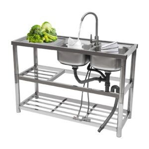 free standing stainless-steel double bowl commercial restaurant kitchen sink set w/faucet & drainboard, prep & utility washing hand basin w/workbench & storage shelves