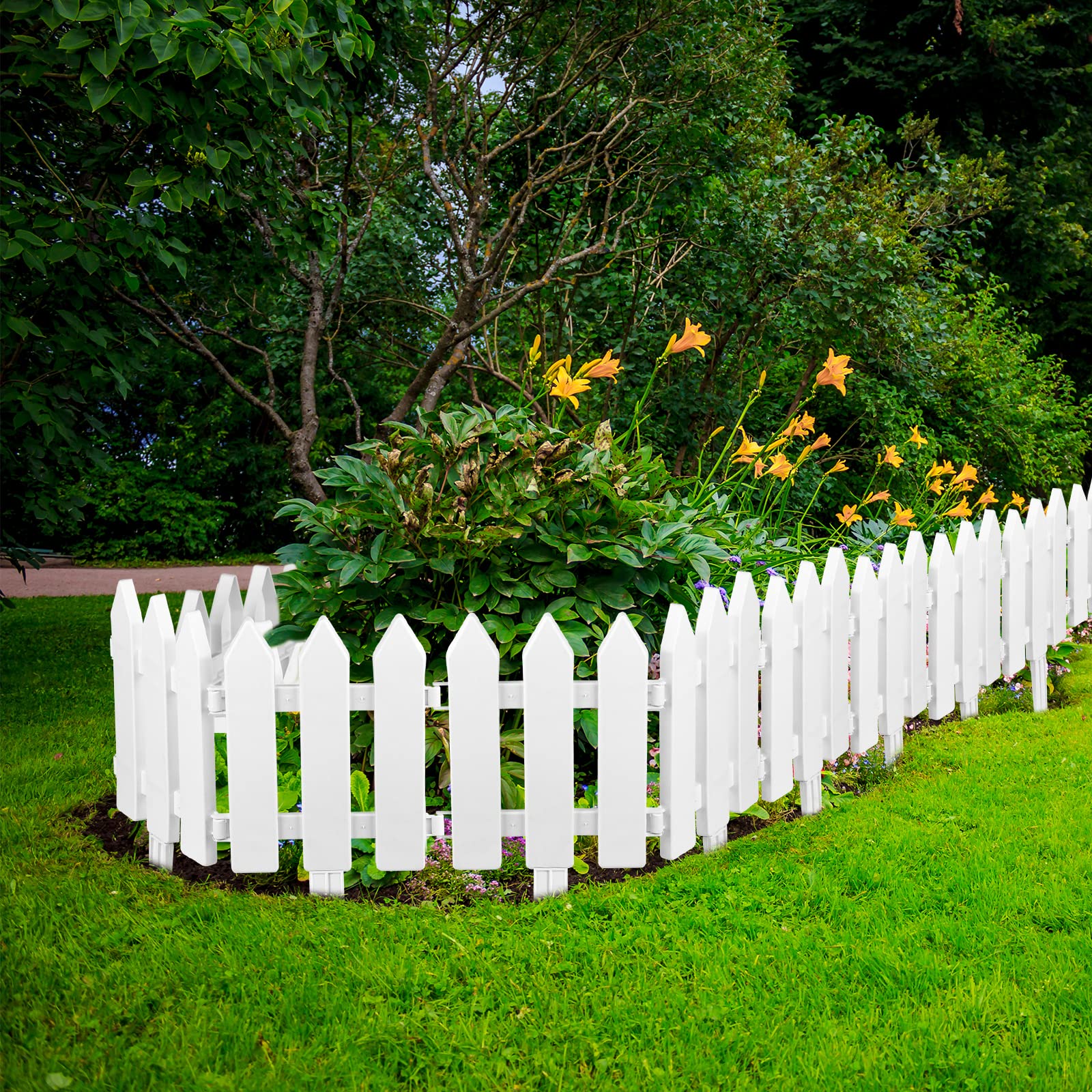 PLULON 6 Pieces Garden Fence with 6 Pieces Fence Insert White Plastic Fence Garden Picket Fence Edgings Lawn Flowerbeds Plant Borders Decorative Garden Yard