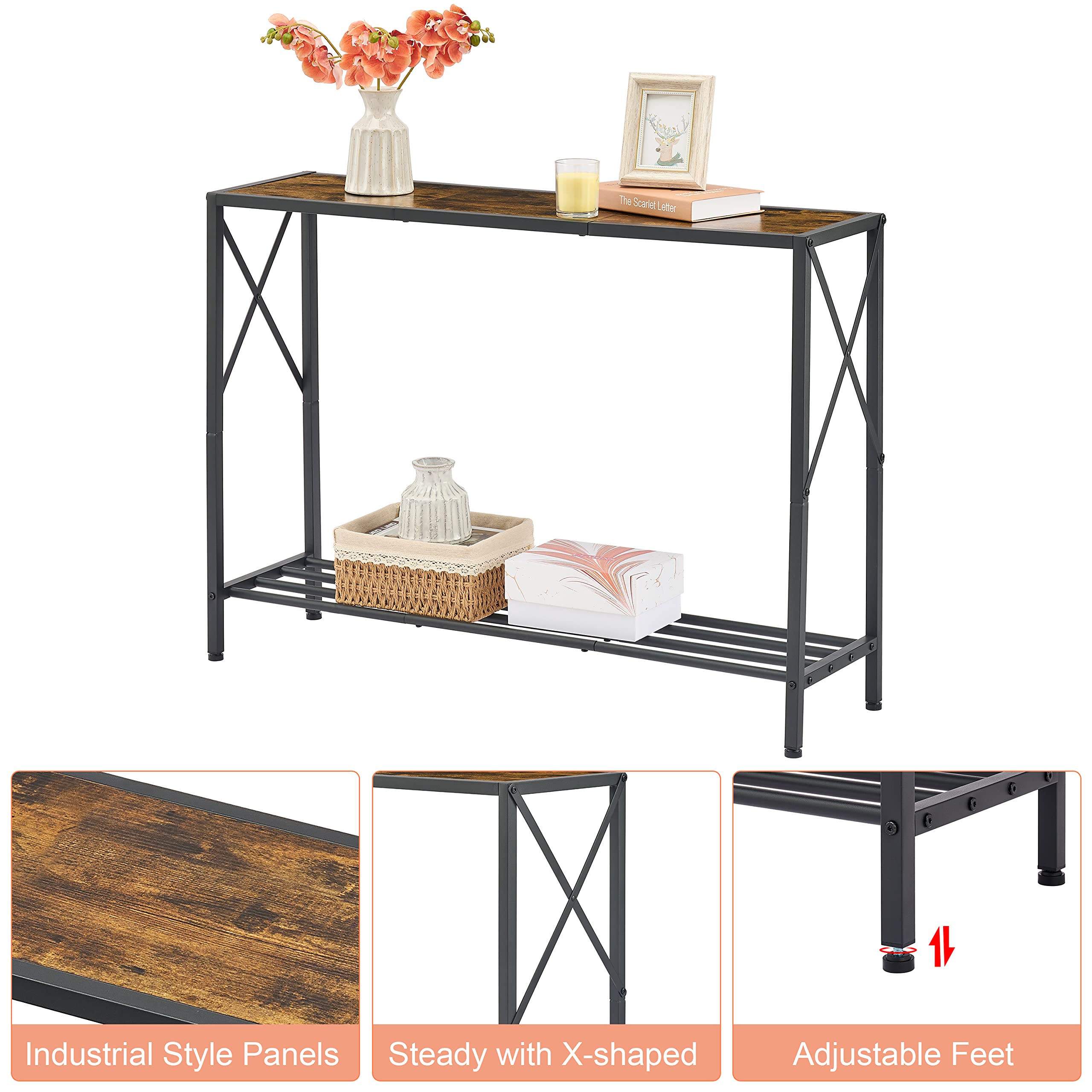 Tajsoon Console Table, 2-Tier Industrial entryway Table, 41.8”L Narrow Sofa Table with Shelves, Entrance Table for Entryway, Hallway, Living Room, Foyer, Corridor, Office, Rustic Brown