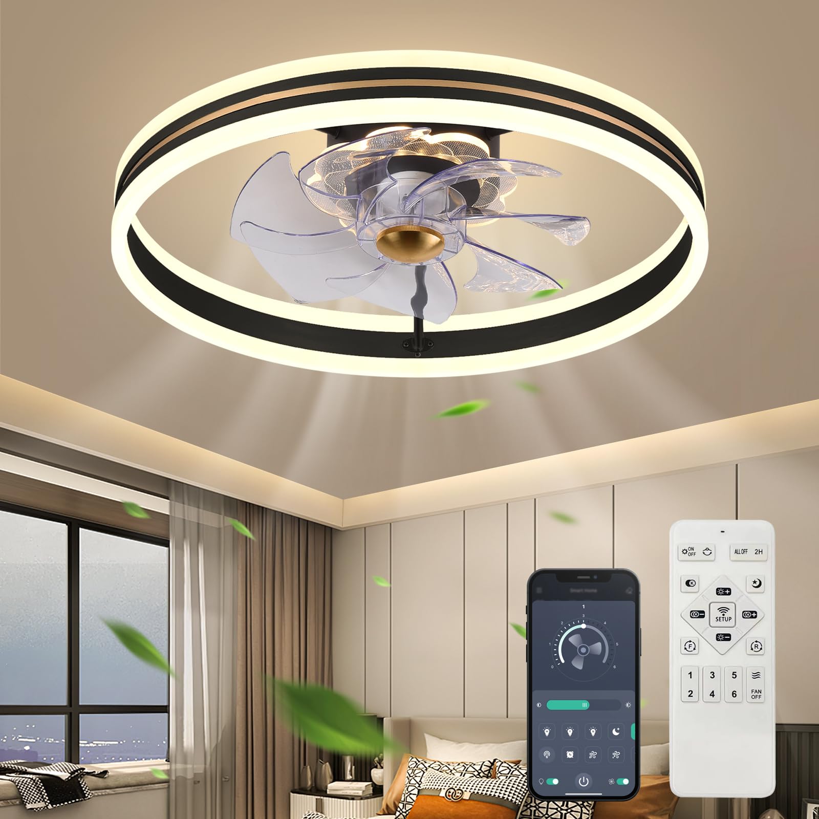 Fszdorj 2023 Upgraded 20‘’ Smart Ceiling Fan with Light, Low Profile Fan, Flush Mount Ceiling Fan, 6 Speeds, Dimmable LED, App & Remote Control, Quiet DC Motor, For Bedroom, Living Room, F105 Black