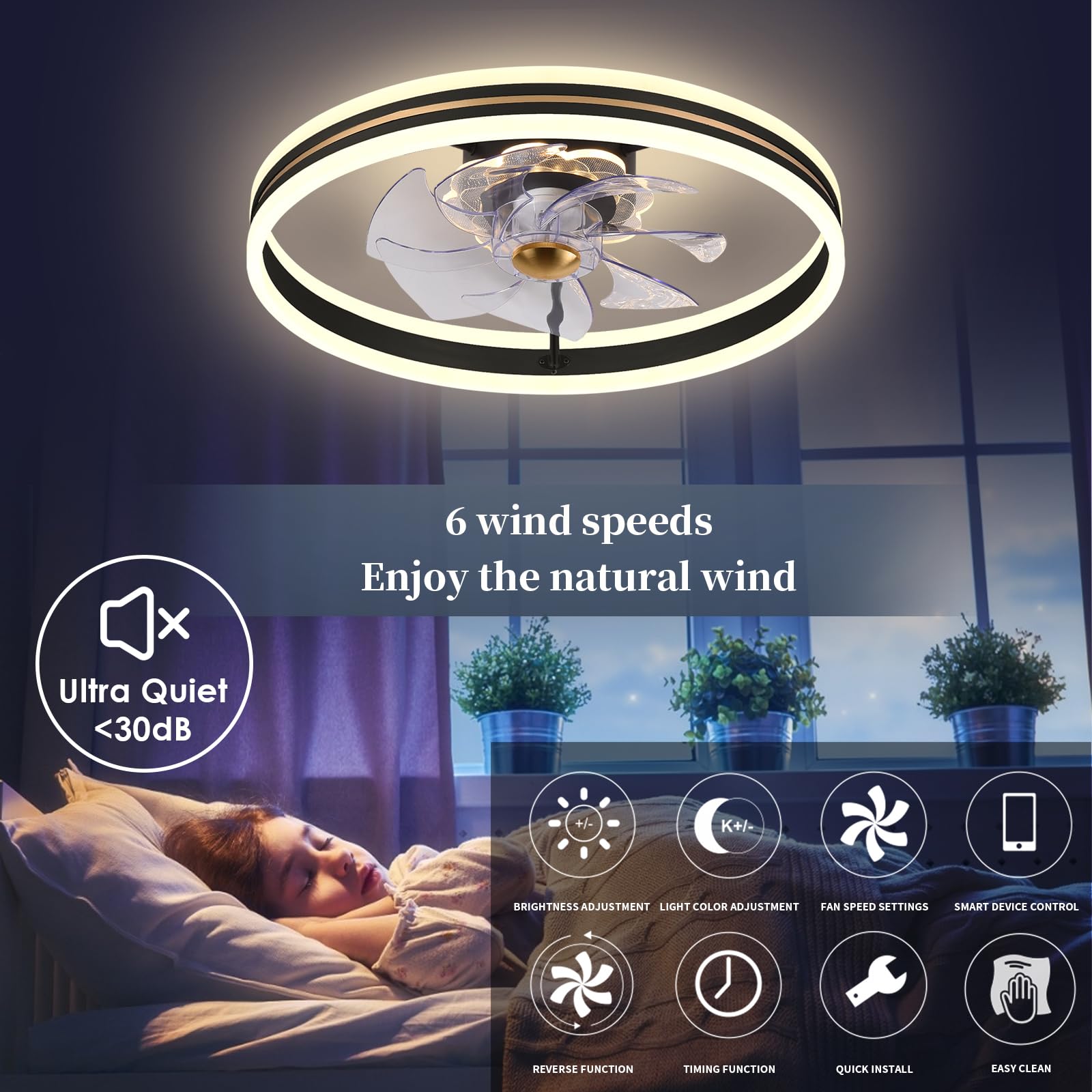 Fszdorj 2023 Upgraded 20‘’ Smart Ceiling Fan with Light, Low Profile Fan, Flush Mount Ceiling Fan, 6 Speeds, Dimmable LED, App & Remote Control, Quiet DC Motor, For Bedroom, Living Room, F105 Black