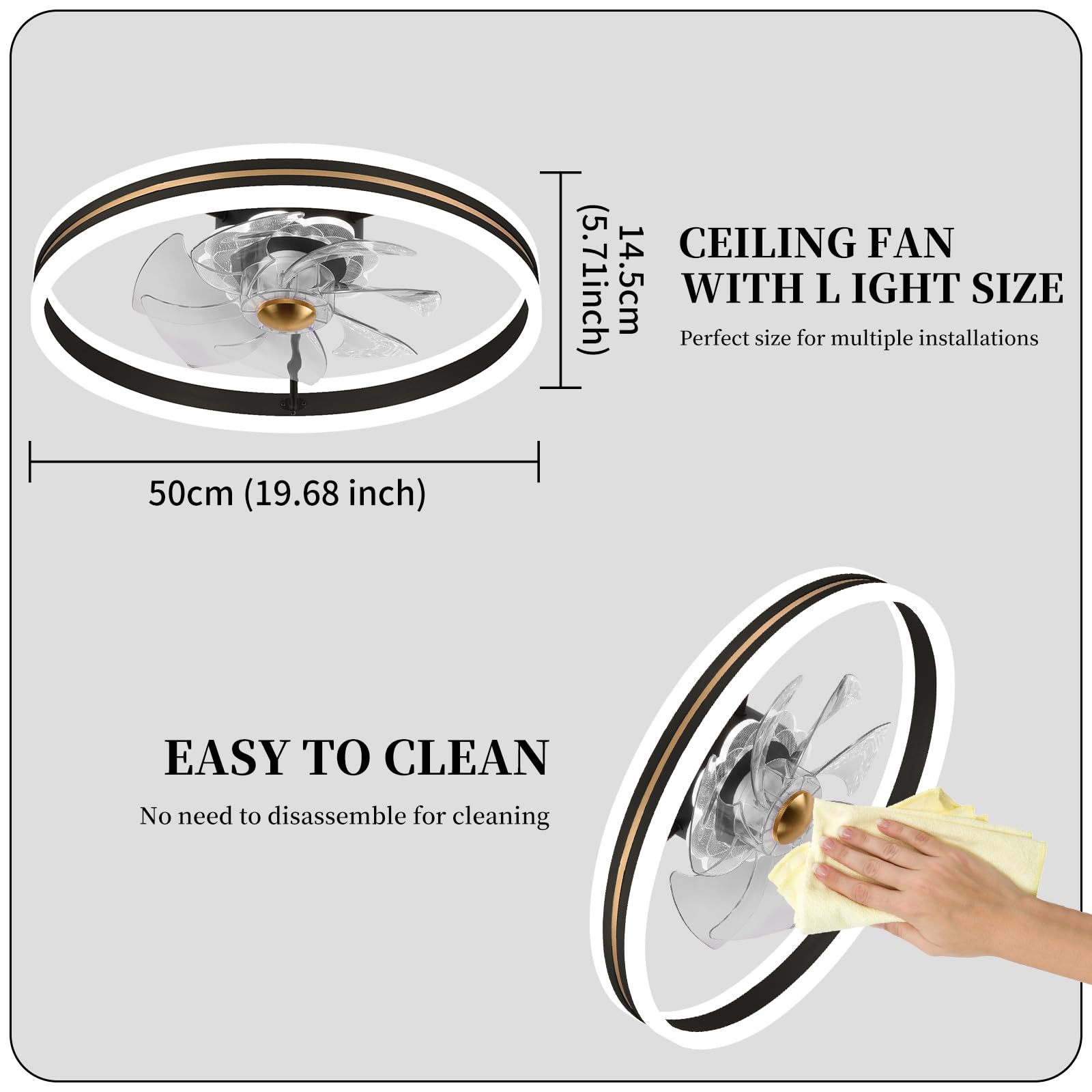 Fszdorj 2023 Upgraded 20‘’ Smart Ceiling Fan with Light, Low Profile Fan, Flush Mount Ceiling Fan, 6 Speeds, Dimmable LED, App & Remote Control, Quiet DC Motor, For Bedroom, Living Room, F105 Black