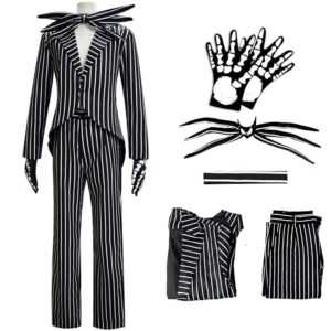 jack skeleton skellington costume with bowtie skeleton nightmare suit before christmas halloween cosplay for adult men women (man, xs)