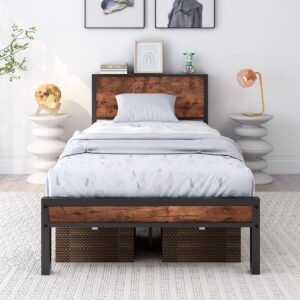 DUMEE Twin Bed Frames with Wood Headboard and Footboard Metal Bed Frame Twin Size with Shelf Storage Headboard, No Box Spring Needed, Steel Slats Mattress Foundation, Textured Black and Brown Oak