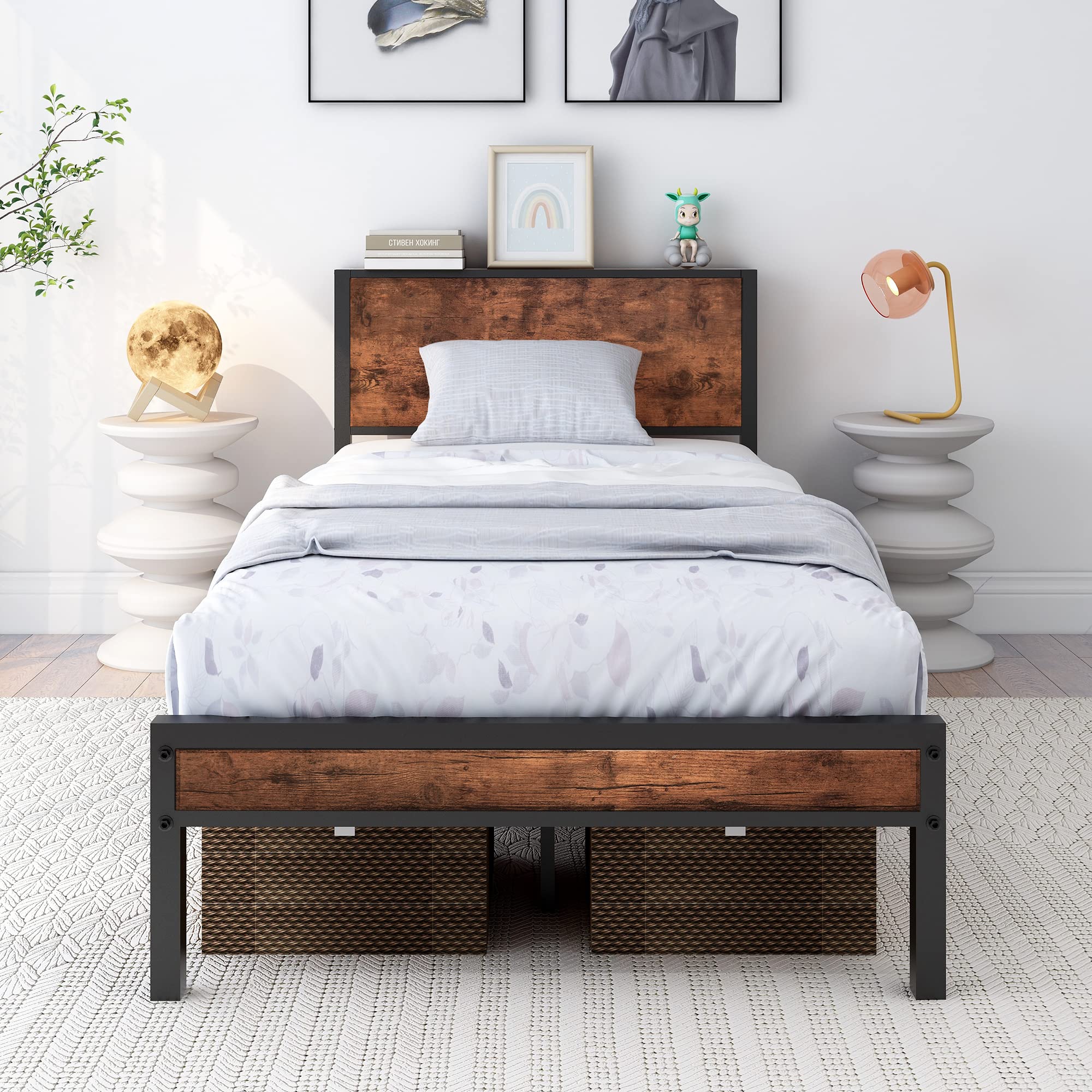 DUMEE Twin Bed Frames with Wood Headboard and Footboard Metal Bed Frame Twin Size with Shelf Storage Headboard, No Box Spring Needed, Steel Slats Mattress Foundation, Textured Black and Brown Oak