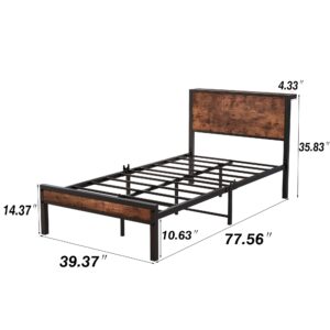 DUMEE Twin Bed Frames with Wood Headboard and Footboard Metal Bed Frame Twin Size with Shelf Storage Headboard, No Box Spring Needed, Steel Slats Mattress Foundation, Textured Black and Brown Oak