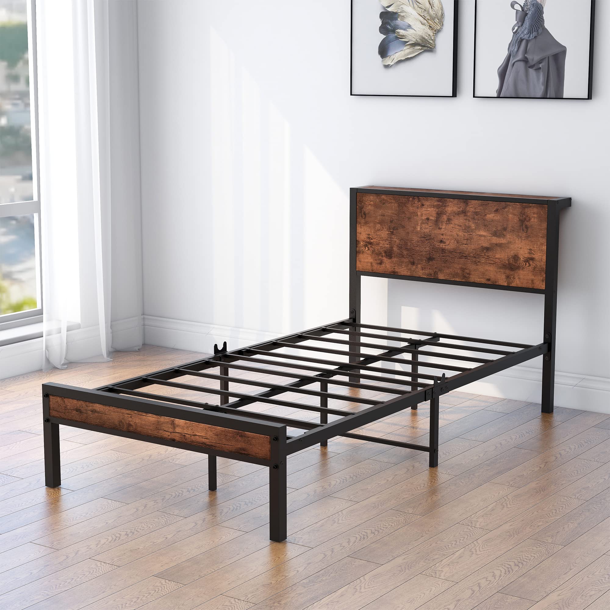 DUMEE Twin Bed Frames with Wood Headboard and Footboard Metal Bed Frame Twin Size with Shelf Storage Headboard, No Box Spring Needed, Steel Slats Mattress Foundation, Textured Black and Brown Oak