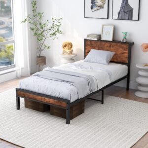 DUMEE Twin Bed Frames with Wood Headboard and Footboard Metal Bed Frame Twin Size with Shelf Storage Headboard, No Box Spring Needed, Steel Slats Mattress Foundation, Textured Black and Brown Oak