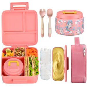 jxxm bento lunch box for kids with 8oz soup thermo,leak-proof lunch containers with 5 compartment,thermos food jar and lunch bag, food containers for school (a-pink(fantasy unicorn))