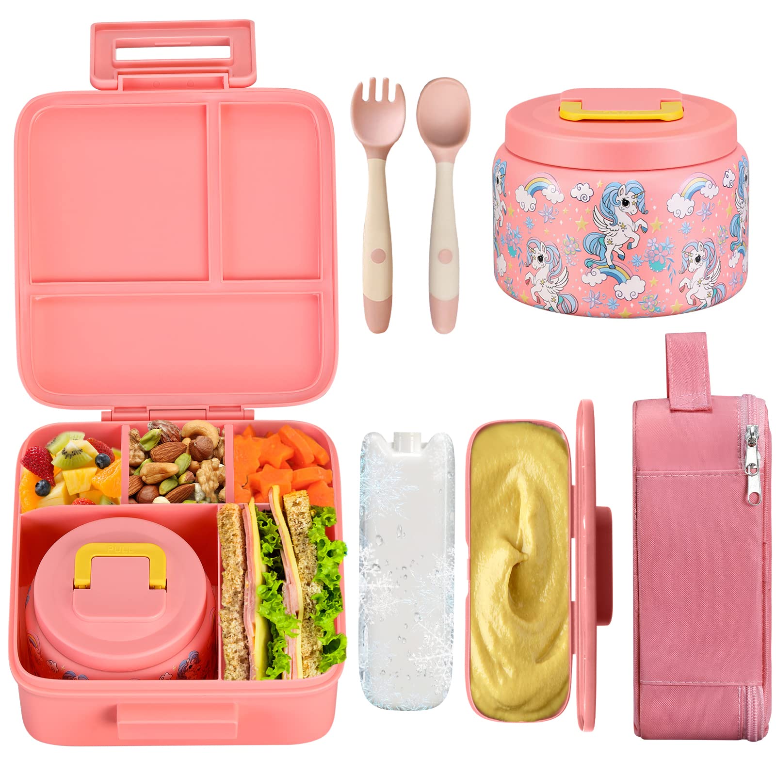 JXXM Bento Lunch Box for Kids With 8oz Soup Thermo,Leak-proof Lunch Containers with 5 Compartment,Thermos Food Jar and Lunch Bag, Food Containers for School (A-Pink(Fantasy Unicorn))