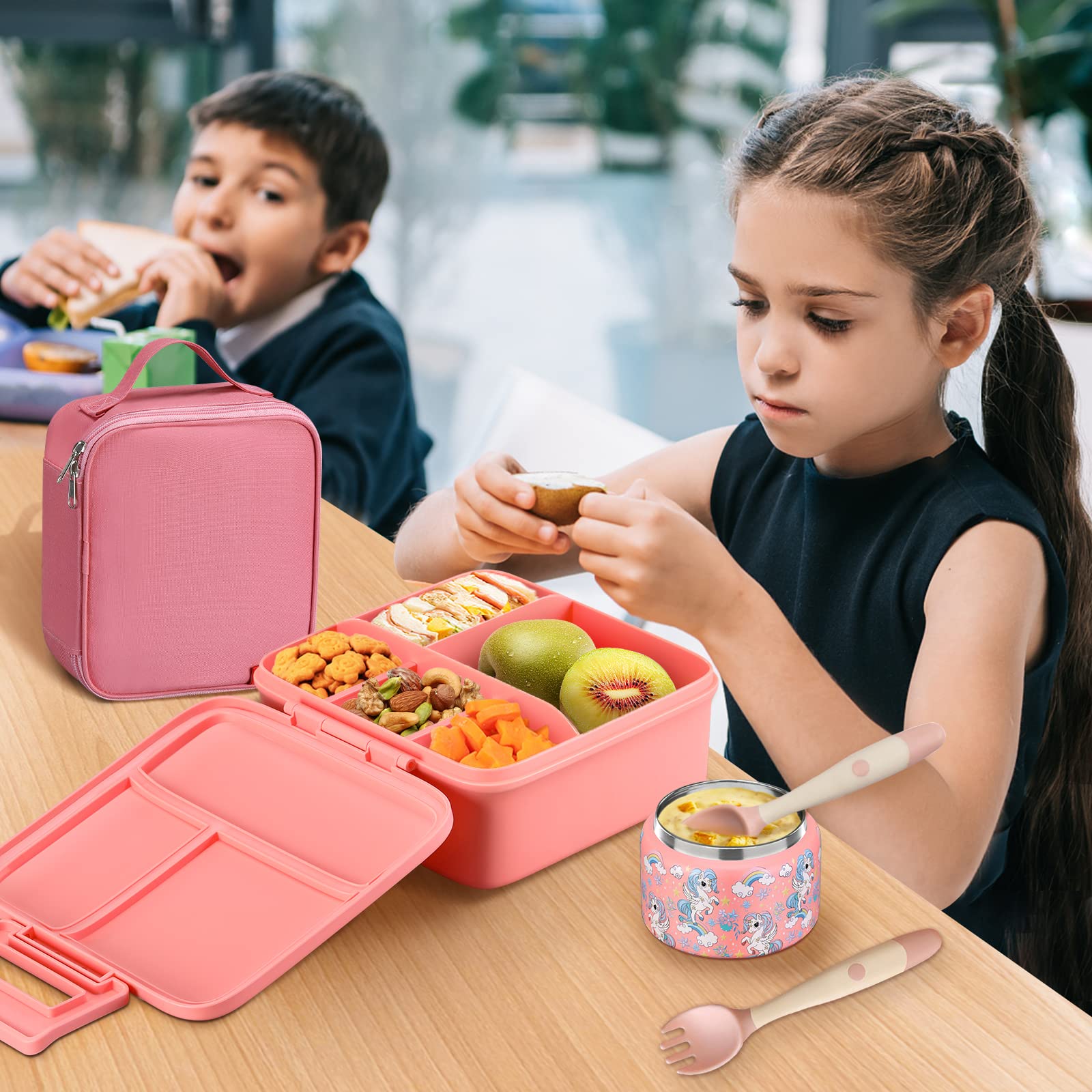 JXXM Bento Lunch Box for Kids With 8oz Soup Thermo,Leak-proof Lunch Containers with 5 Compartment,Thermos Food Jar and Lunch Bag, Food Containers for School (A-Pink(Fantasy Unicorn))