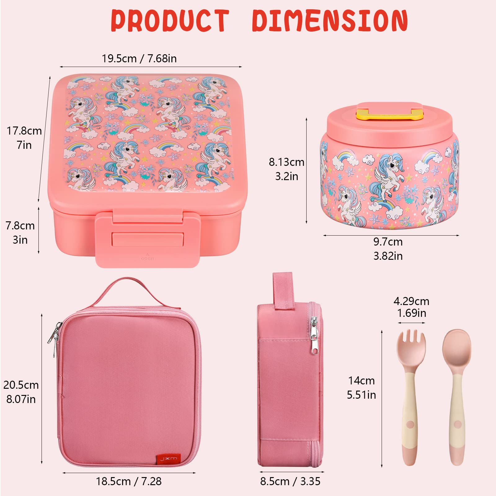 JXXM Bento Lunch Box for Kids With 8oz Soup Thermo,Leak-proof Lunch Containers with 5 Compartment,Thermos Food Jar and Lunch Bag, Food Containers for School (A-Pink(Fantasy Unicorn))