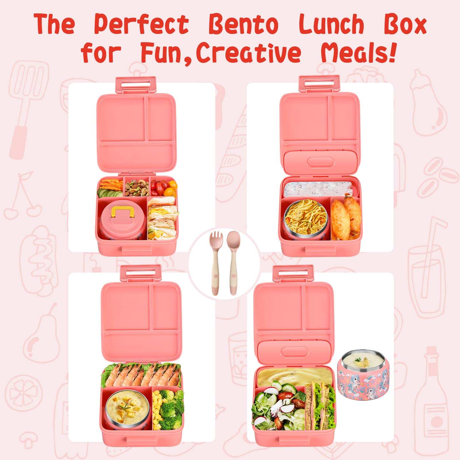 JXXM Bento Lunch Box for Kids With 8oz Soup Thermo,Leak-proof Lunch Containers with 5 Compartment,Thermos Food Jar and Lunch Bag, Food Containers for School (A-Pink(Fantasy Unicorn))