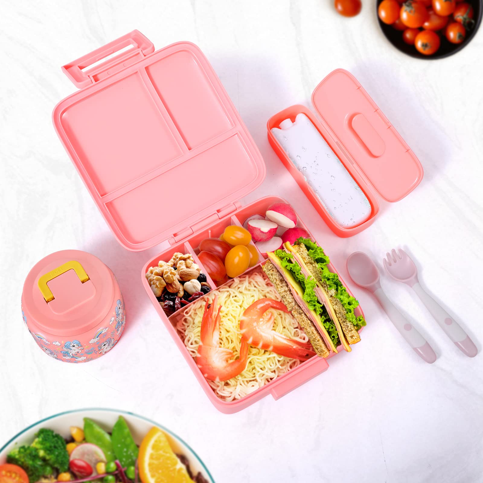 JXXM Bento Lunch Box for Kids With 8oz Soup Thermo,Leak-proof Lunch Containers with 5 Compartment,Thermos Food Jar and Lunch Bag, Food Containers for School (A-Pink(Fantasy Unicorn))