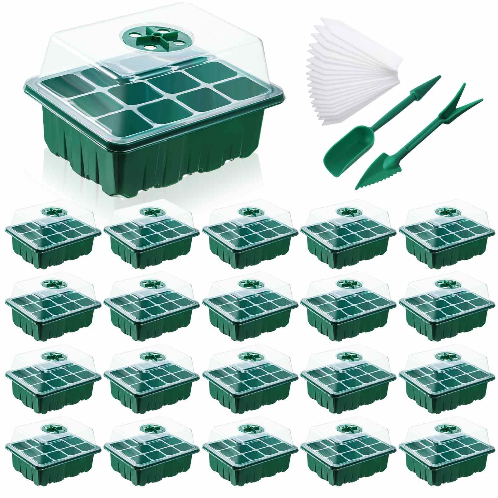 20 Packs Seed Starter Tray Seed Starter Kit with Humidity Dome, 240 Cells Total Tray Base Greenhouse Plant Starting Trays Kit with Plastic Seeding Tools and Labels for Seeds Growing Starting