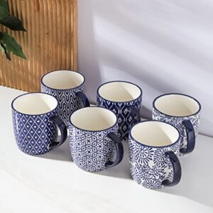 Selamica Porcelain 10 oz Coffee Mugs Set of 6 with Big Handle, Coffee Cups Ceramic for Cappuccino Latte Cocoa Milk Tea, Dishwasher Microwave Safe, Vintage Blue