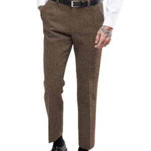 Ceehuteey Men's Retro Dress Suit Pants Thick Wool Flat Front Herringbone Tweed Trousers(Brown, 34W x 30L)