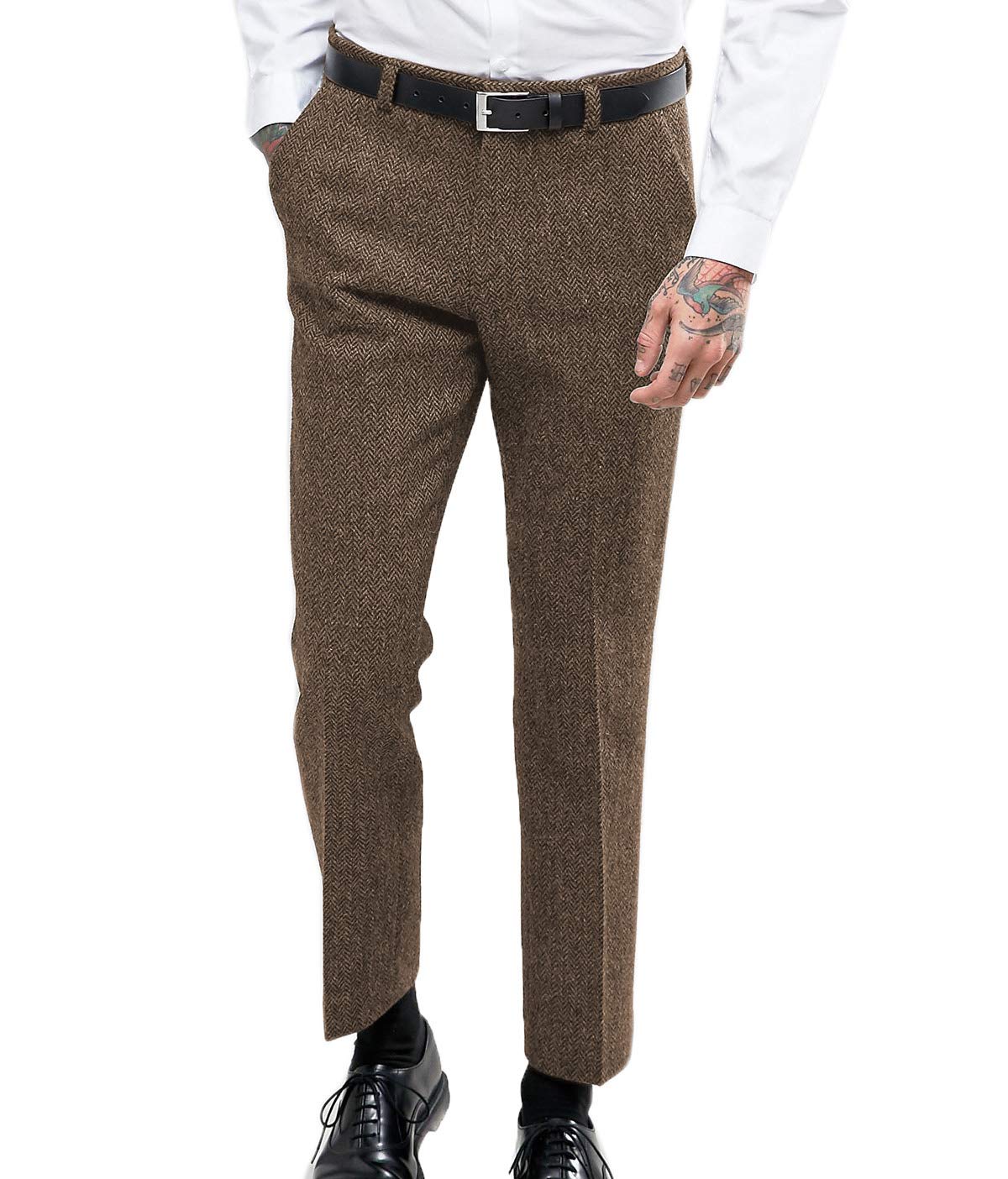 Ceehuteey Men's Retro Dress Suit Pants Thick Wool Flat Front Herringbone Tweed Trousers(Brown, 34W x 30L)