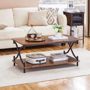 VECELO Coffee Table with Storage and Open Shelves for Living Dining Room 39-Inch, Modern Rectangle & Industrial Design, X-Shape Frame, Brown