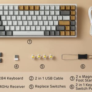 RK ROYAL KLUDGE RK84 RGB Limited Ed, 75% Triple Mode BT5.0/2.4G/USB-C Hot Swappable Mechanical Keyboard, 84 Keys Wireless Gaming Keyboard, RK Yellow Switch, Macchiato White