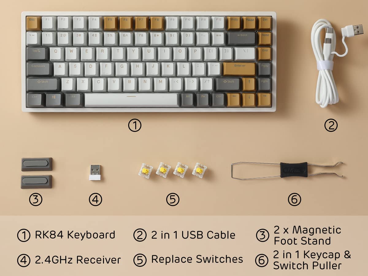 RK ROYAL KLUDGE RK84 RGB Limited Ed, 75% Triple Mode BT5.0/2.4G/USB-C Hot Swappable Mechanical Keyboard, 84 Keys Wireless Gaming Keyboard, RK Yellow Switch, Macchiato White