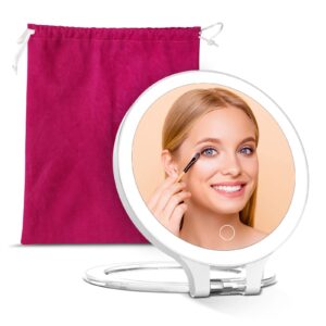 Magnifying Makeup Mirror 10X 1X Double Sided with Bag, Travel Makeup Mirror with 3 Color Lights and Magnification, Lighted Rechargeable Portable Cosmetic Foldable Mirror, Dimmable Adjustable Rotation