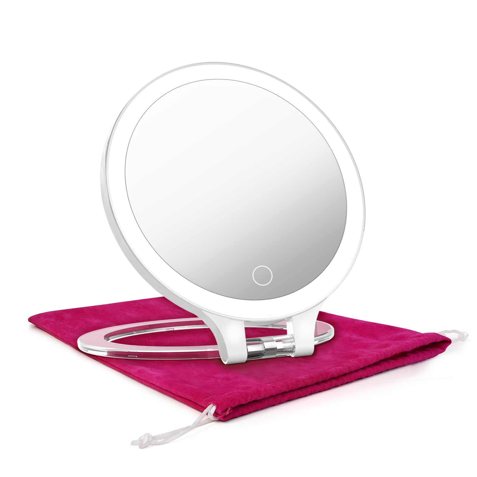 Magnifying Makeup Mirror 10X 1X Double Sided with Bag, Travel Makeup Mirror with 3 Color Lights and Magnification, Lighted Rechargeable Portable Cosmetic Foldable Mirror, Dimmable Adjustable Rotation