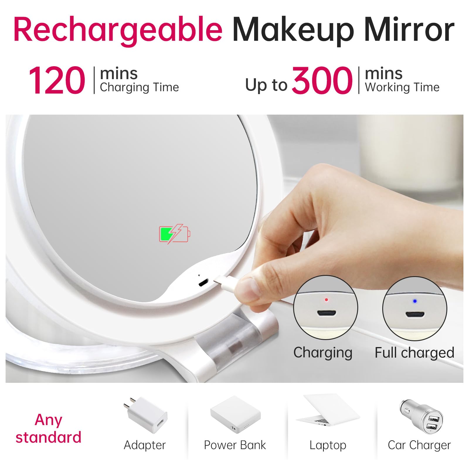 Magnifying Makeup Mirror 10X 1X Double Sided with Bag, Travel Makeup Mirror with 3 Color Lights and Magnification, Lighted Rechargeable Portable Cosmetic Foldable Mirror, Dimmable Adjustable Rotation