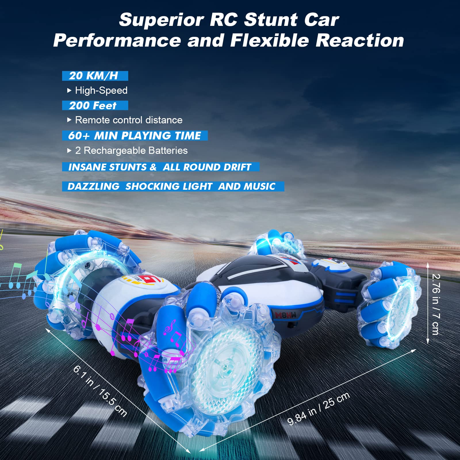 Fosgoit Gesture Sensing RC Stunt Car, Toys for Boys Girls 6-12 Year 4WD Remote Control Car 360° Rotate Transform Off-Road Drift RC Cars with Lights Music, 2.4Ghz Hand Control Car Birthday Xmas Gifts