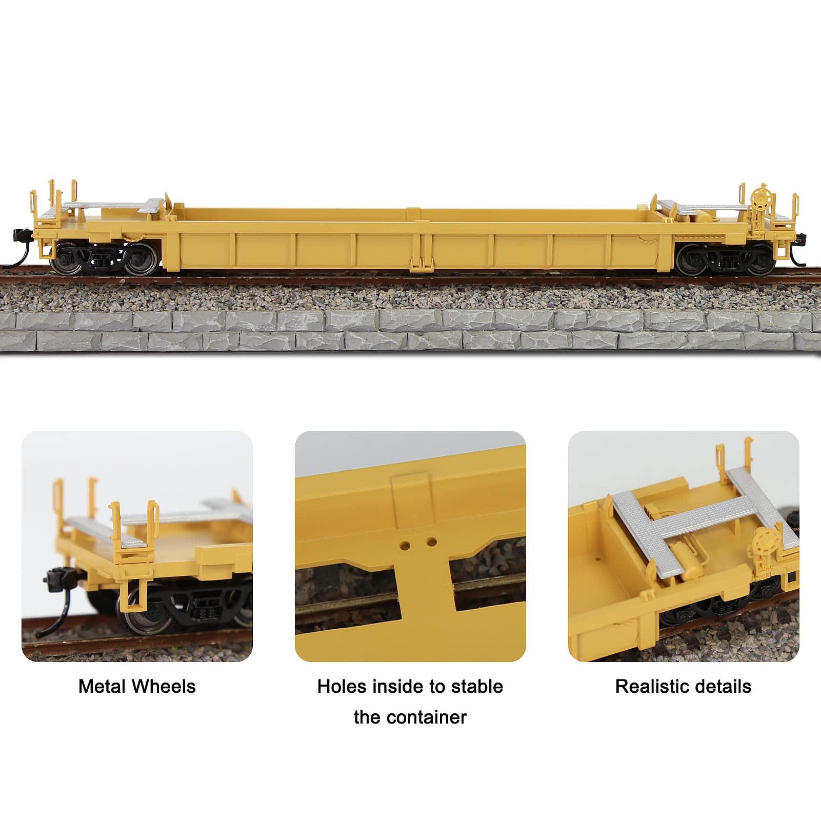 Evemodel C8749 1pc HO Scale 40ft Well Car 1:87 Concave Bottom 40' Flat Car Wagon (1pc - Yellow)