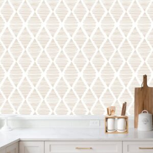 Yun-aeon 17.7" X 120" White and Beige Stripe Peel and Stick Wallpaper Modern Diamond Contact Paper Geometric Removable Wallpaper Self Adhesive Wall Paper for Bedroom Drawers Cabinets Decor Vinyl