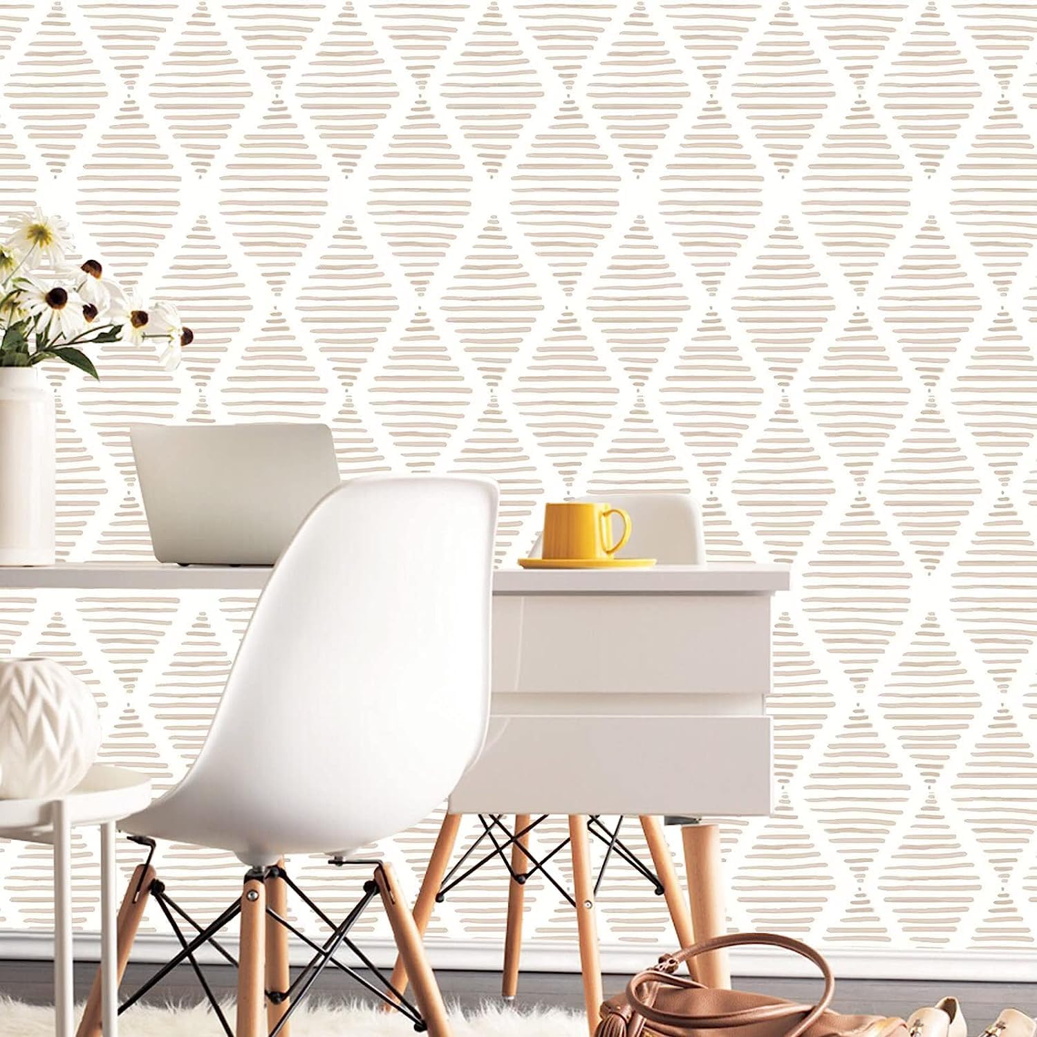 Yun-aeon 17.7" X 120" White and Beige Stripe Peel and Stick Wallpaper Modern Diamond Contact Paper Geometric Removable Wallpaper Self Adhesive Wall Paper for Bedroom Drawers Cabinets Decor Vinyl