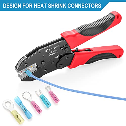 Plustool Crimping Tool for Heat Shrink Connectors AWG22-10, Ratcheting Wire Terminal Crimper - Crimping Pliers - Electrical Crimping Tool