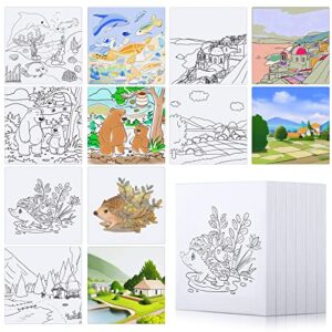 12 Pcs Pre Printed Stretched Canvas Stenciled Painting Canvas Panels Painting Canvas with Pictures to Paint 4 x 4 Inches Pre Drawn Canvas Kids Canvas Painting Set for Beginners Kid Student