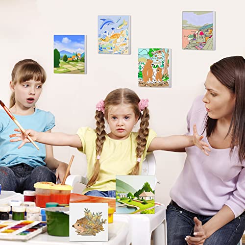 12 Pcs Pre Printed Stretched Canvas Stenciled Painting Canvas Panels Painting Canvas with Pictures to Paint 4 x 4 Inches Pre Drawn Canvas Kids Canvas Painting Set for Beginners Kid Student