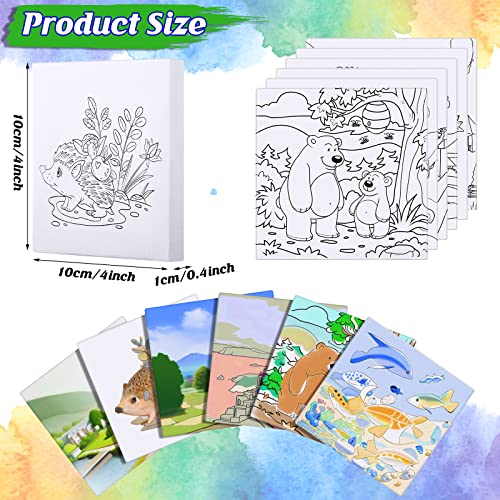 12 Pcs Pre Printed Stretched Canvas Stenciled Painting Canvas Panels Painting Canvas with Pictures to Paint 4 x 4 Inches Pre Drawn Canvas Kids Canvas Painting Set for Beginners Kid Student