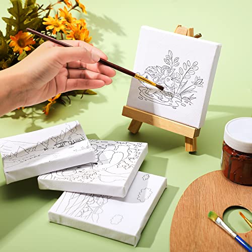 12 Pcs Pre Printed Stretched Canvas Stenciled Painting Canvas Panels Painting Canvas with Pictures to Paint 4 x 4 Inches Pre Drawn Canvas Kids Canvas Painting Set for Beginners Kid Student