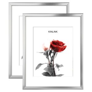 KINLINK 11x14 Picture Frames Silver, Photo Frames with Plexiglass for Picture 8x10 with Mat or 11x14 without Mat, Composite Wood Picture Frames for Table Top and Wall Mounting - Set of 2