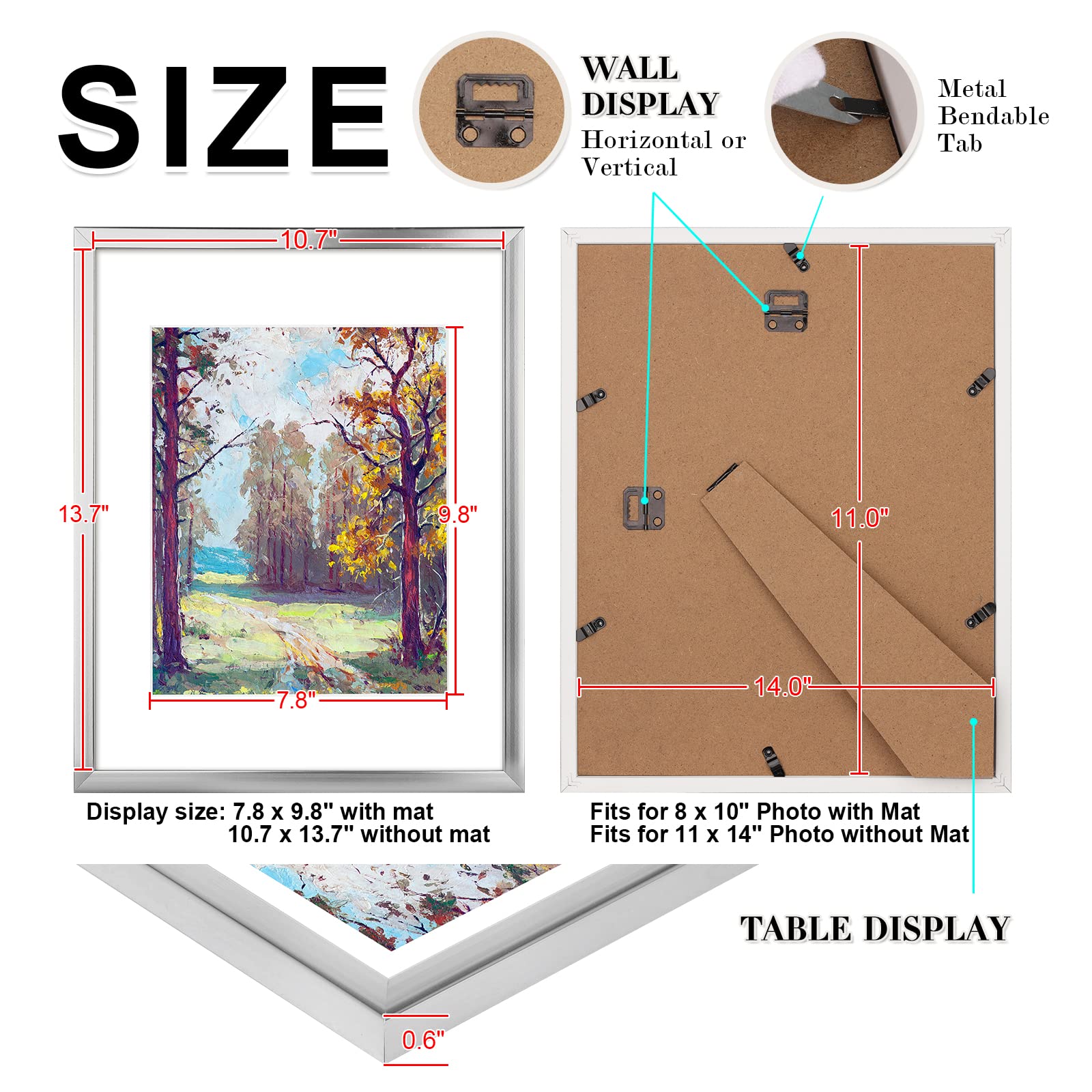 KINLINK 11x14 Picture Frames Silver, Photo Frames with Plexiglass for Picture 8x10 with Mat or 11x14 without Mat, Composite Wood Picture Frames for Table Top and Wall Mounting - Set of 2