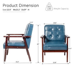 Okeysen Mid Century Modern Accent Chairs, Retro Wood and Leather Armchairs Side Chair, Lounge Reading Comfy Arm Chair for Living Room, Bedroom, Office (Blue)