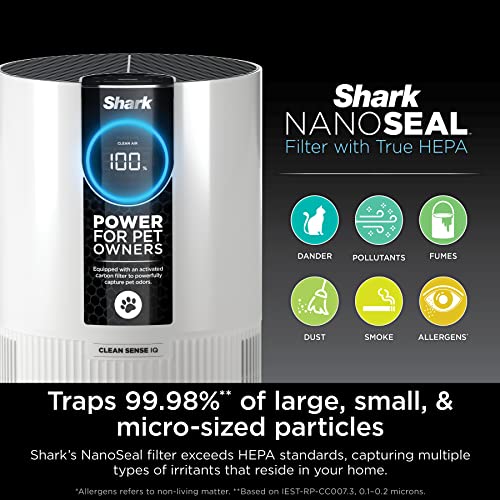 Shark HP102PET Clean Sense Air Purifier for Home, Allergies, Pet Hair, HEPA Filter, 500 Sq Ft, Small Room, Bedroom, Captures 99.98% of Particles, Pet Dander, Fur, Allergens & Odor, Portable, White