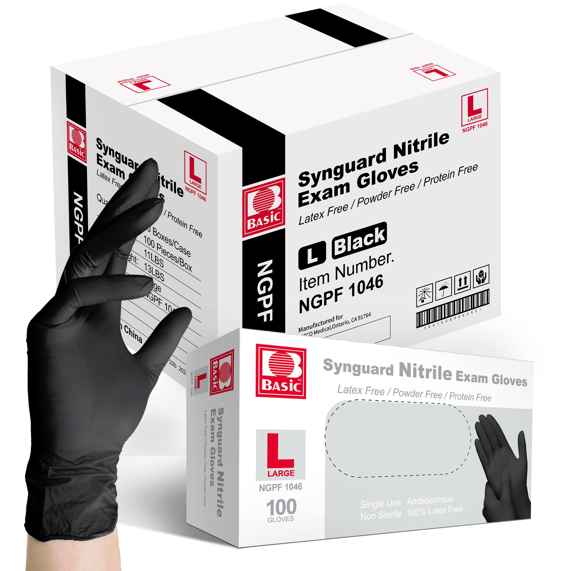 Basic Medical Black Nitrile Exam Gloves - Latex-Free & Powder-Free - NGPF 1046 (Case of 1,000), large