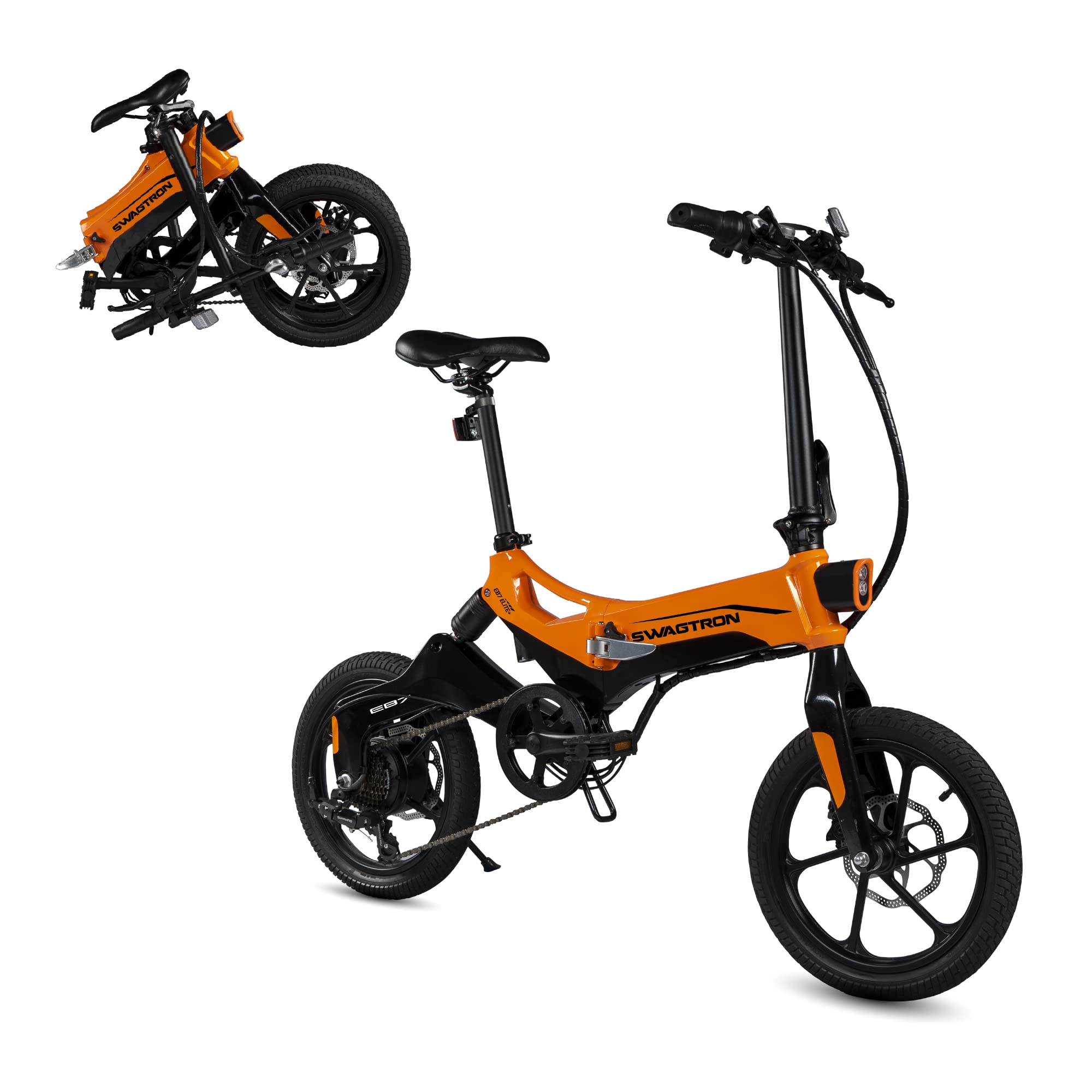 Swagtron Swagcycle EB-7 Elite Plus Folding Electric Bike with Removable Battery, Orange/Black, 16" Wheels, 7-Speed & Master Lock 8143D Bike Lock Cable with Combination