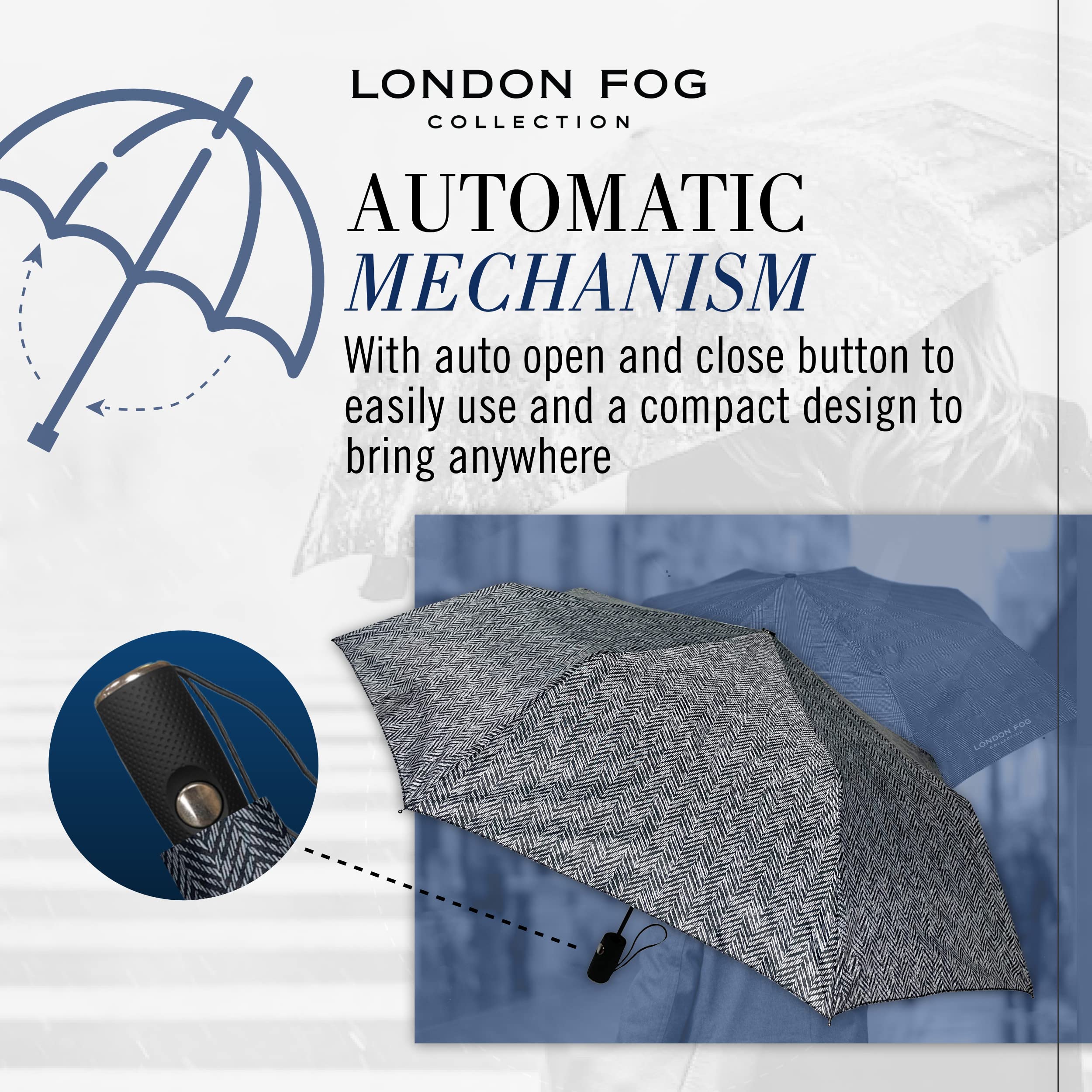 London Fog Mini Rain Umbrella, Automatic Folding Umbrella, Windproof, Lightweight and Packable for Travel, Full 42 Inch Arc, Herringbone