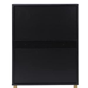 Natural Rattan Shoe Cabinet with 2 Flip Drawers, Black Free Standing Storage Racks with Metal Legs, Shoe Organizers Entrance Hallway for Heels, Boots, Slippers (Black)